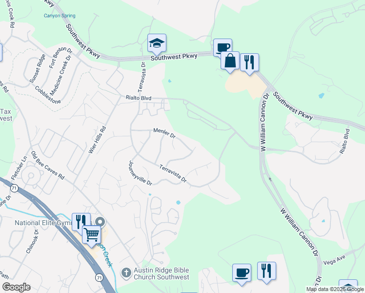 map of restaurants, bars, coffee shops, grocery stores, and more near 7617 Menler Drive in Austin