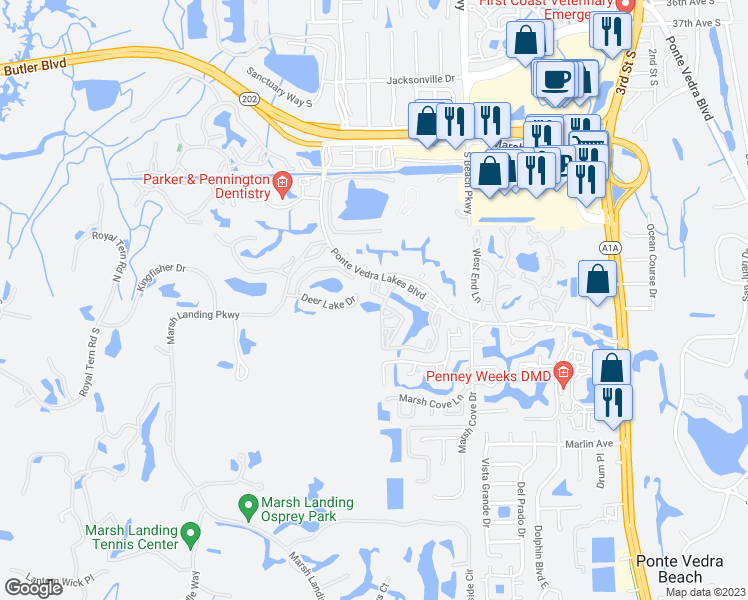 map of restaurants, bars, coffee shops, grocery stores, and more near 153 Deer Cove Drive in Ponte Vedra Beach