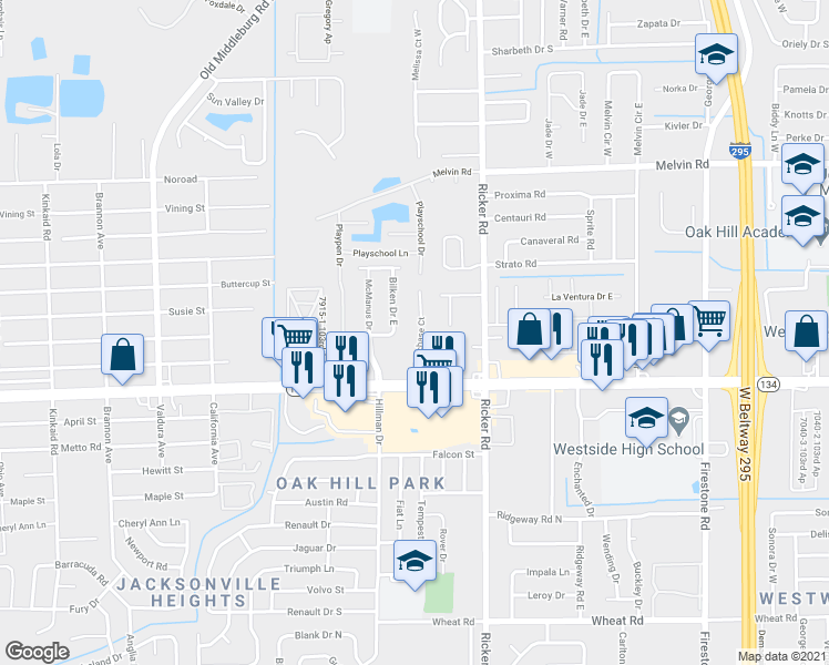 map of restaurants, bars, coffee shops, grocery stores, and more near 5131 Westchase Court in Jacksonville