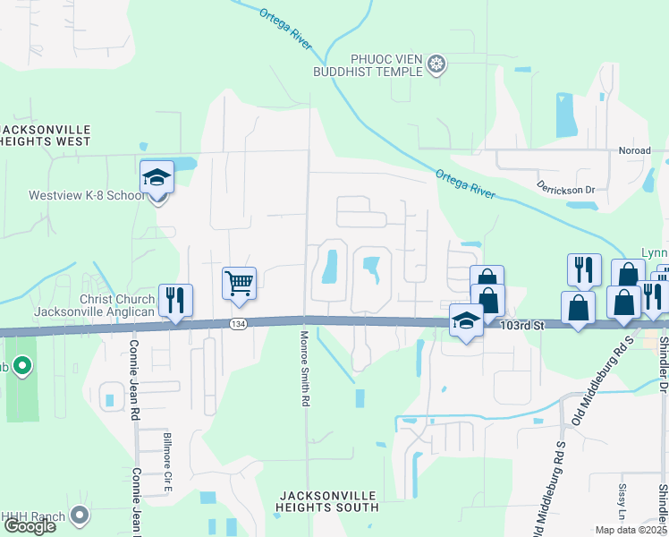 map of restaurants, bars, coffee shops, grocery stores, and more near 9541 103rd Street in Jacksonville