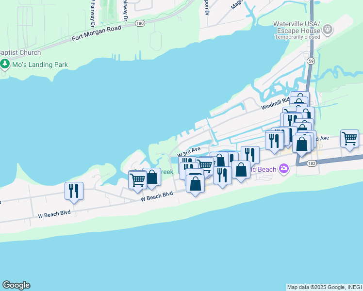 map of restaurants, bars, coffee shops, grocery stores, and more near in Gulf Shores