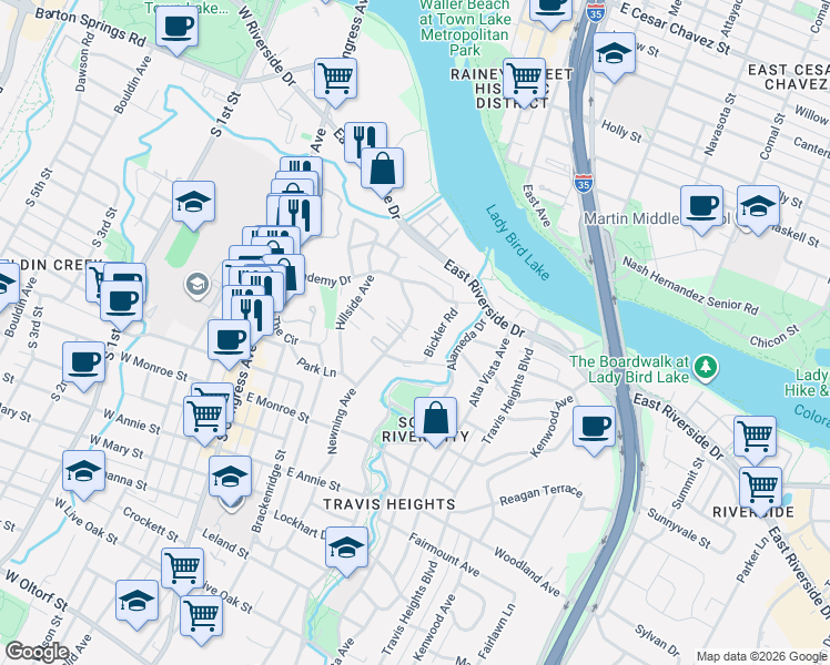 map of restaurants, bars, coffee shops, grocery stores, and more near 1219 Newning Avenue in Austin