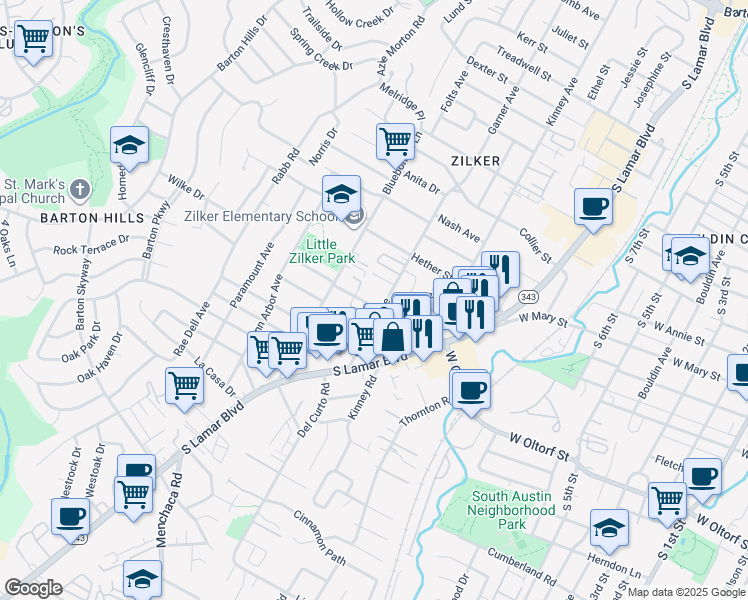 map of restaurants, bars, coffee shops, grocery stores, and more near 2021 Bluebonnet Lane in Austin