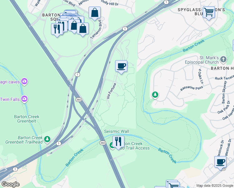 map of restaurants, bars, coffee shops, grocery stores, and more near 2901 Vía Fortuna in Austin