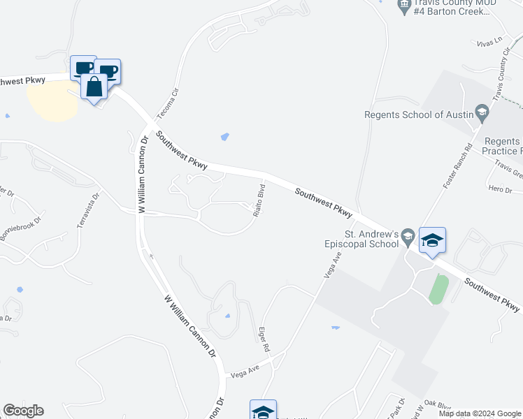 map of restaurants, bars, coffee shops, grocery stores, and more near 6401 Rialto Boulevard in Austin