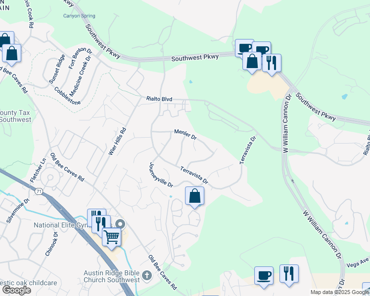 map of restaurants, bars, coffee shops, grocery stores, and more near 5709 Kempson Drive in Austin