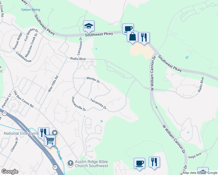 map of restaurants, bars, coffee shops, grocery stores, and more near 7400 Bonniebrook Drive in Austin