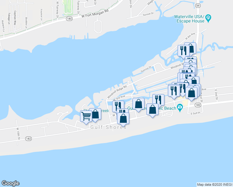 map of restaurants, bars, coffee shops, grocery stores, and more near 517 Windmill Ridge Road in Gulf Shores