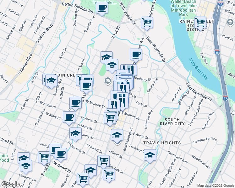 map of restaurants, bars, coffee shops, grocery stores, and more near 1401 Eva Street in Austin