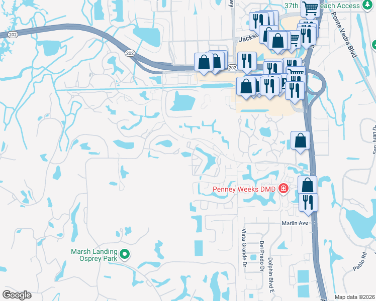 map of restaurants, bars, coffee shops, grocery stores, and more near 705 Boardwalk Drive in Ponte Vedra Beach