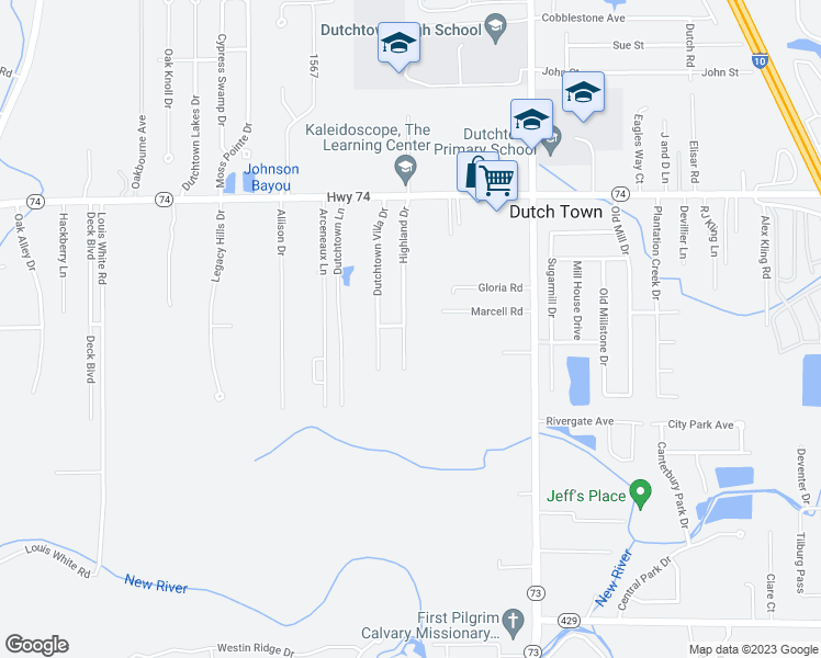 map of restaurants, bars, coffee shops, grocery stores, and more near 12350 Highland Drive in Geismar