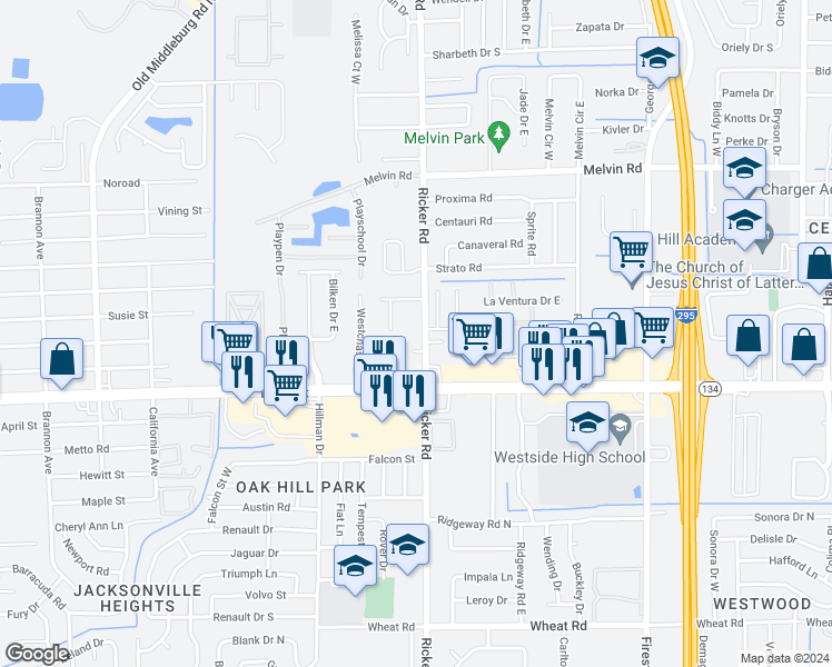 map of restaurants, bars, coffee shops, grocery stores, and more near 5135 Indian Lakes Court in Jacksonville