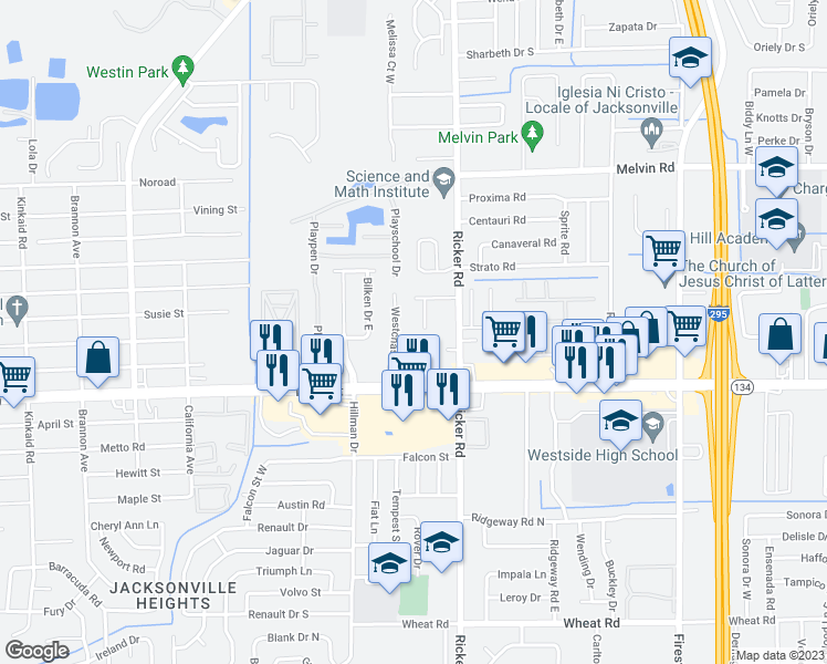 map of restaurants, bars, coffee shops, grocery stores, and more near 5140 Indian Lakes Court in Jacksonville