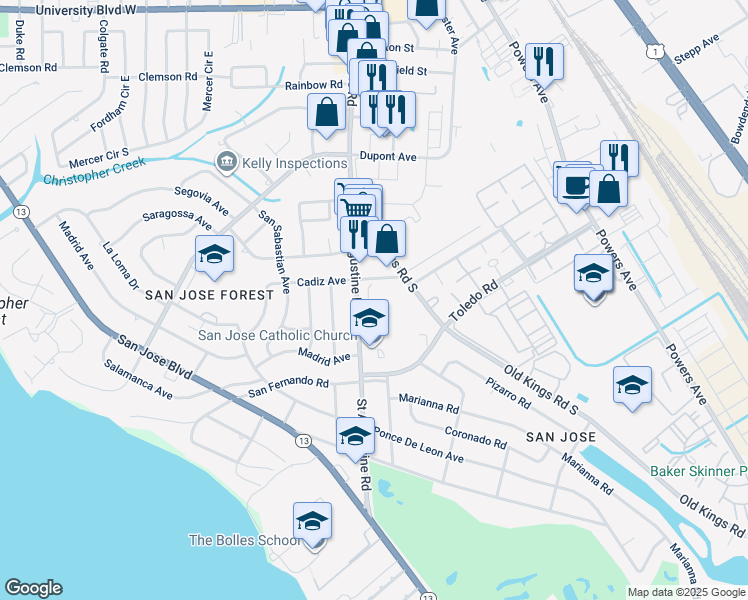 map of restaurants, bars, coffee shops, grocery stores, and more near 3622 Galicia Road in Jacksonville