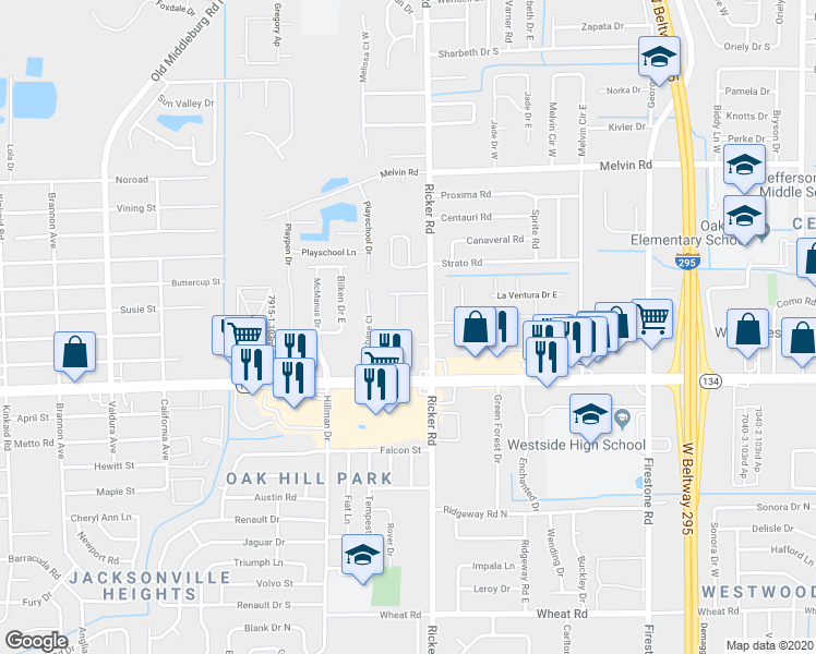 map of restaurants, bars, coffee shops, grocery stores, and more near 5135 Indian Lakes Court in Jacksonville