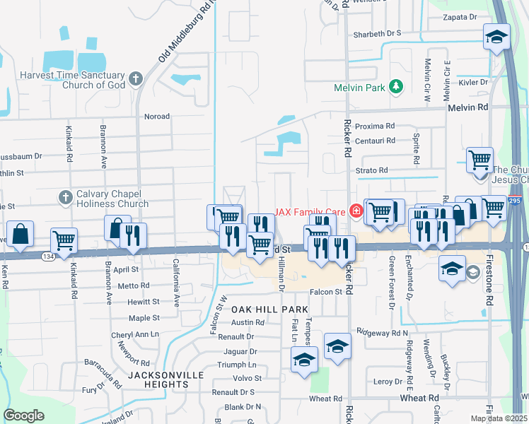 map of restaurants, bars, coffee shops, grocery stores, and more near 5101 Playpen Drive in Jacksonville