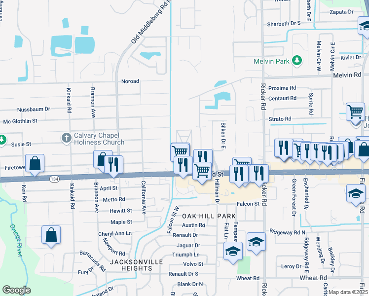 map of restaurants, bars, coffee shops, grocery stores, and more near 7915 103rd Street in Jacksonville