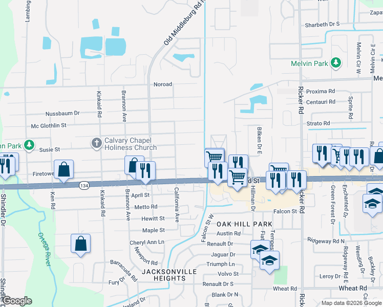 map of restaurants, bars, coffee shops, grocery stores, and more near 8076 Susie Street in Jacksonville