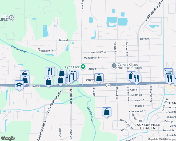 map of restaurants, bars, coffee shops, grocery stores, and more near 8633 Susie Street in Jacksonville