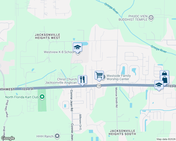 map of restaurants, bars, coffee shops, grocery stores, and more near 5251 Brighton Park Ln in Jacksonville