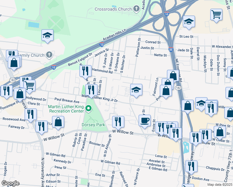 map of restaurants, bars, coffee shops, grocery stores, and more near 815 Martin Luther King Junior Drive in Lafayette