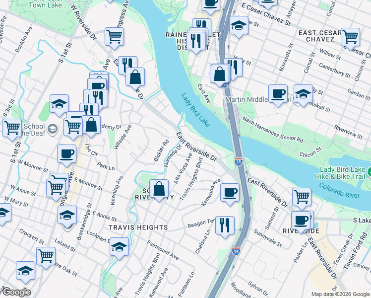 map of restaurants, bars, coffee shops, grocery stores, and more near 806 East Riverside Drive in Austin