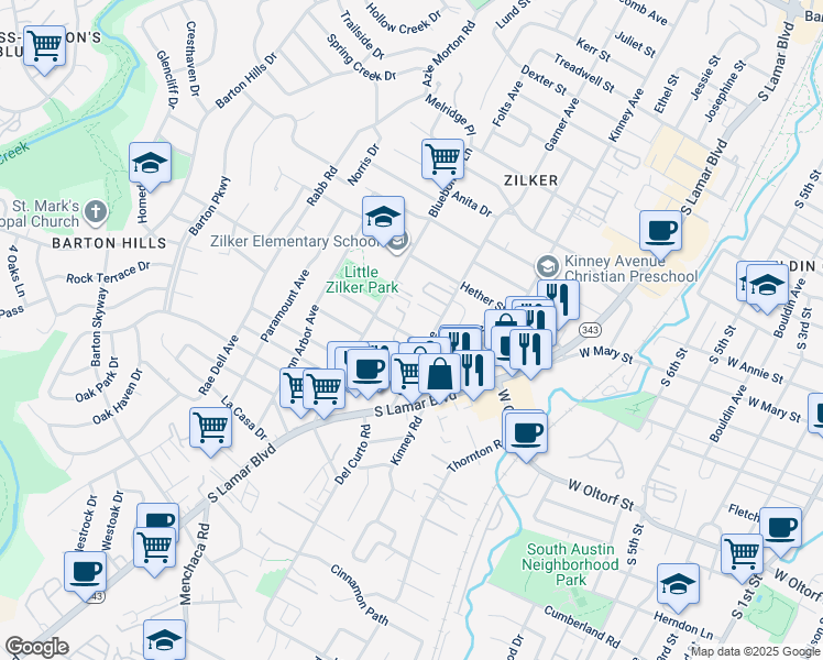 map of restaurants, bars, coffee shops, grocery stores, and more near 2021 Bluebonnet Lane in Austin