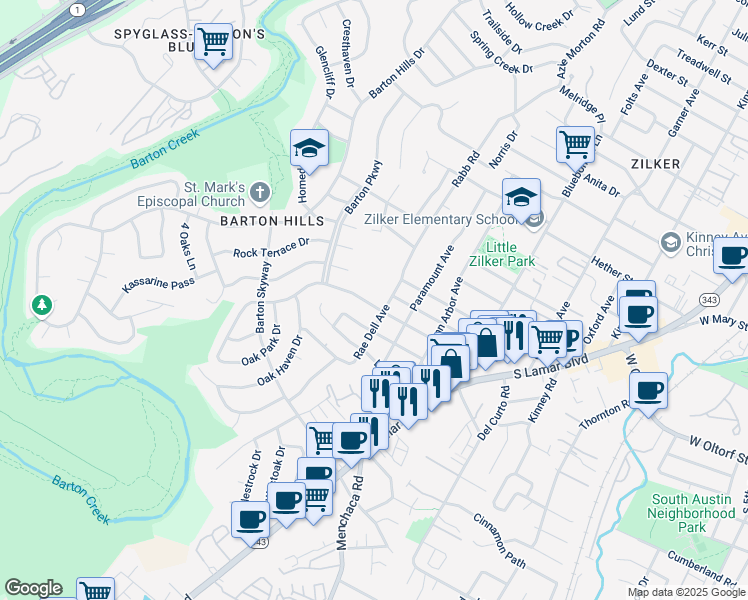 map of restaurants, bars, coffee shops, grocery stores, and more near 2300 Rae Dell Avenue in Austin