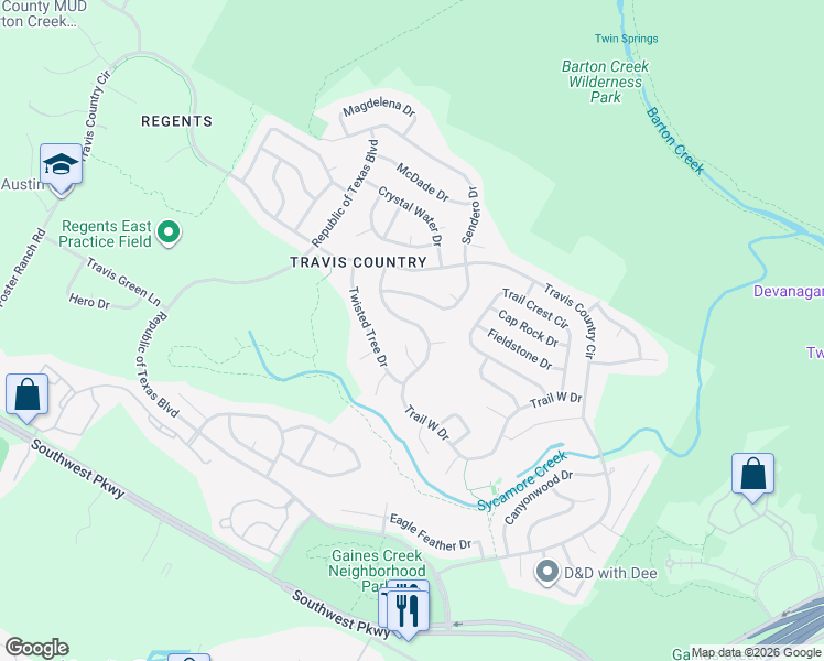 map of restaurants, bars, coffee shops, grocery stores, and more near 5002 Trail West Drive in Austin