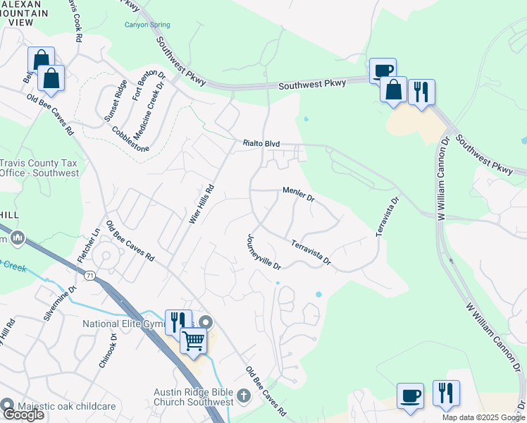 map of restaurants, bars, coffee shops, grocery stores, and more near 7817 Menler Drive in Austin