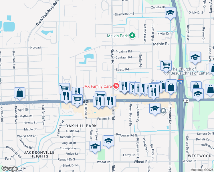 map of restaurants, bars, coffee shops, grocery stores, and more near 5143 Indian Lakes Court in Jacksonville