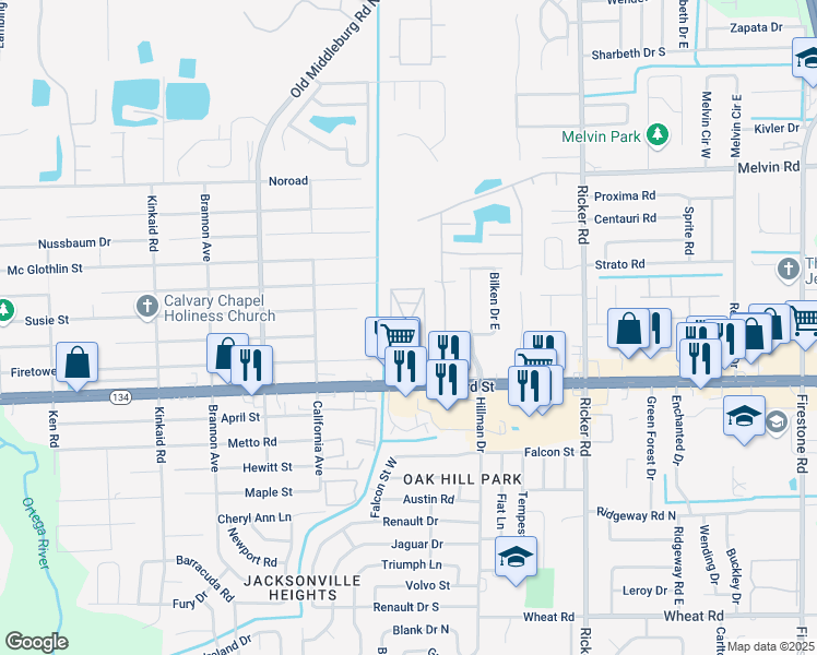 map of restaurants, bars, coffee shops, grocery stores, and more near 7915 103rd Street in Jacksonville