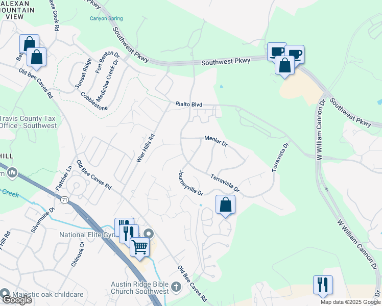 map of restaurants, bars, coffee shops, grocery stores, and more near 7817 Menler Drive in Austin