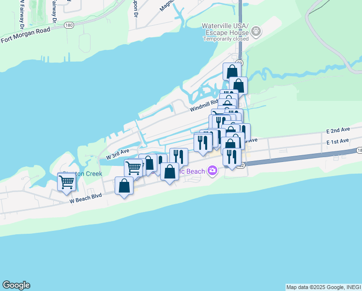 map of restaurants, bars, coffee shops, grocery stores, and more near 216 West 3rd Avenue in Gulf Shores