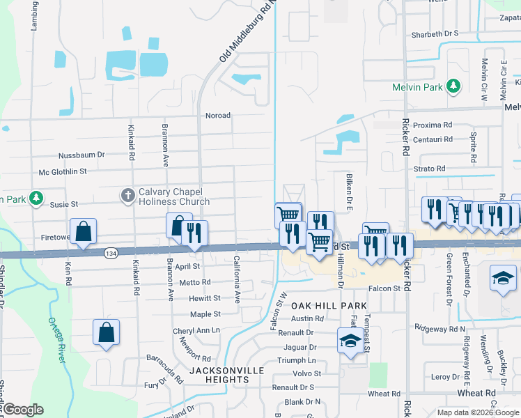 map of restaurants, bars, coffee shops, grocery stores, and more near 8017 Susie Street in Jacksonville
