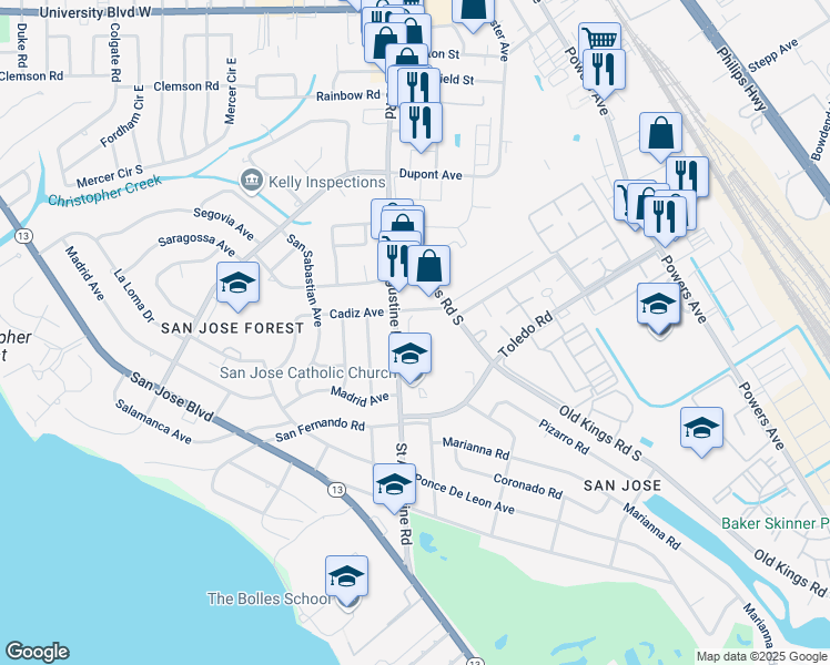map of restaurants, bars, coffee shops, grocery stores, and more near 3622 Galicia Road in Jacksonville
