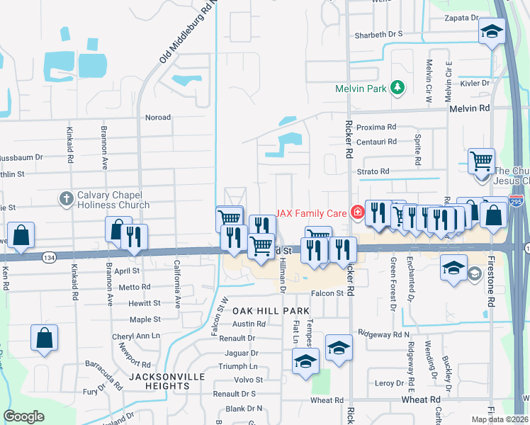 map of restaurants, bars, coffee shops, grocery stores, and more near 5101 Playpen Drive in Jacksonville
