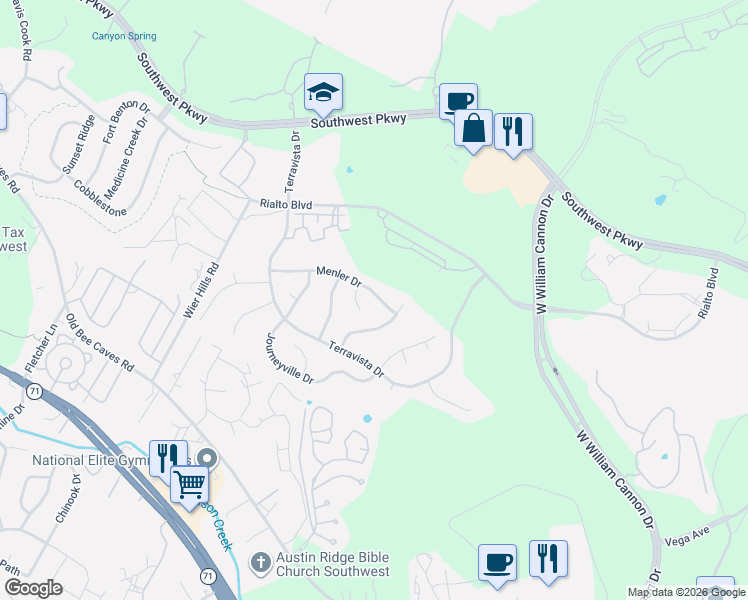 map of restaurants, bars, coffee shops, grocery stores, and more near 7621 Menler Drive in Austin