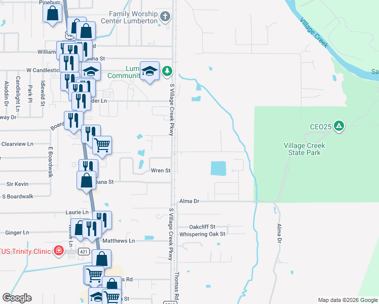 map of restaurants, bars, coffee shops, grocery stores, and more near Lumberton Drive in Lumberton