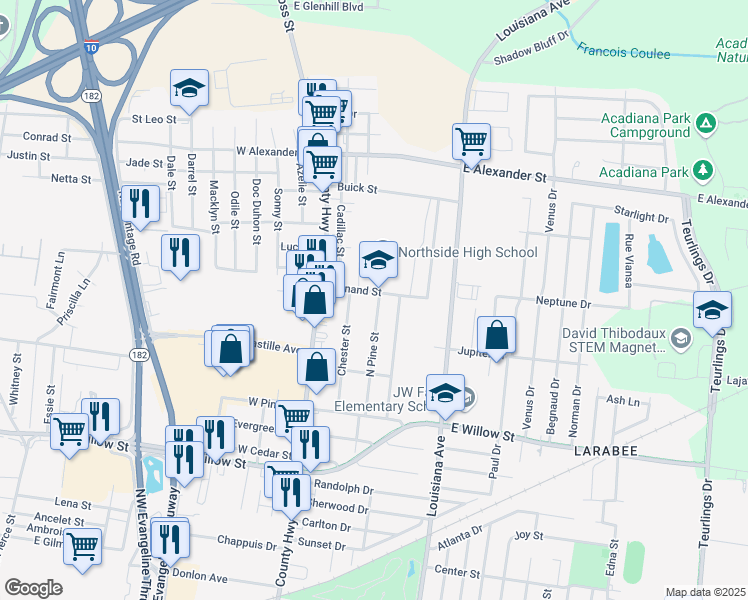 map of restaurants, bars, coffee shops, grocery stores, and more near 200-204 Dunand Street in Lafayette