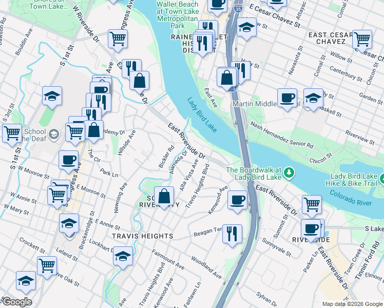 map of restaurants, bars, coffee shops, grocery stores, and more near 807 East Riverside Drive in Austin