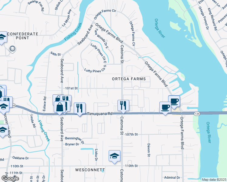 map of restaurants, bars, coffee shops, grocery stores, and more near 5425 101st Street in Jacksonville