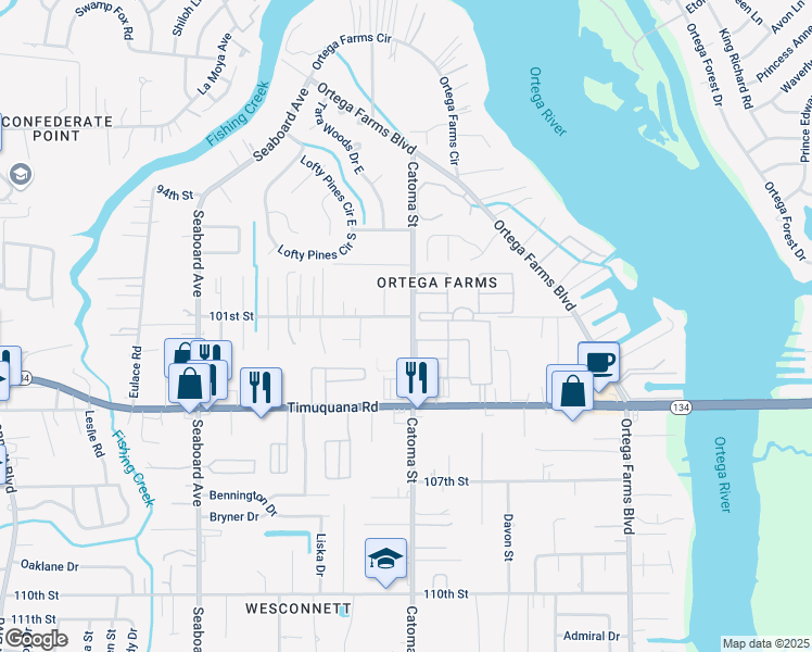 map of restaurants, bars, coffee shops, grocery stores, and more near 5425 101st Street in Jacksonville