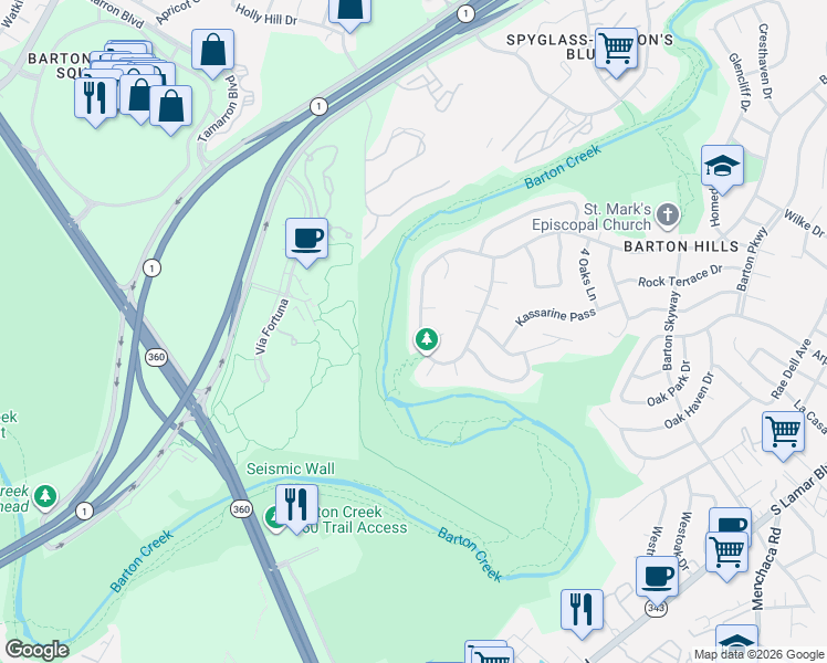 map of restaurants, bars, coffee shops, grocery stores, and more near 2636 Barton Hills Drive in Austin