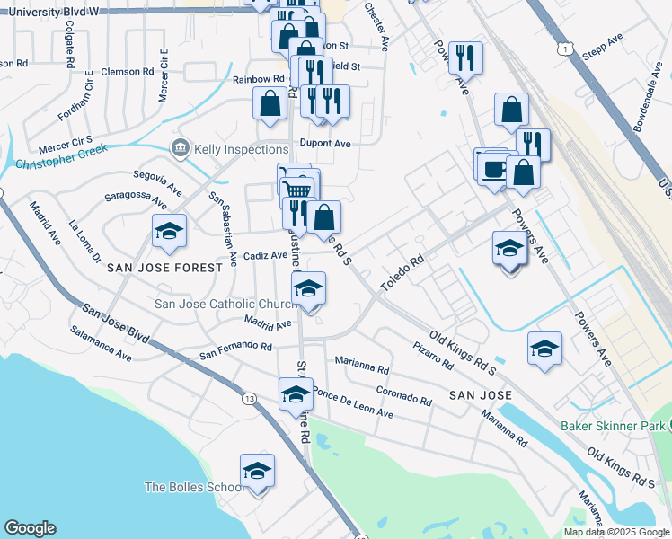 map of restaurants, bars, coffee shops, grocery stores, and more near in Jacksonville
