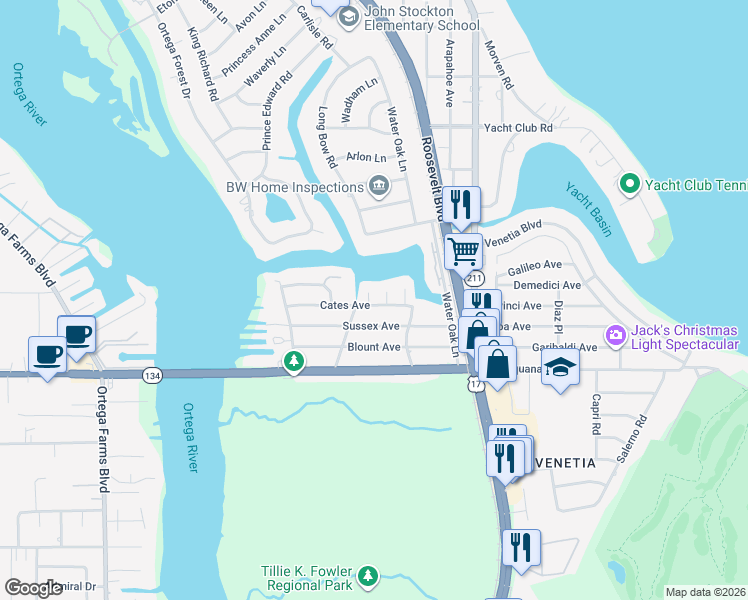 map of restaurants, bars, coffee shops, grocery stores, and more near 5117 Pebble Isle Drive in Jacksonville