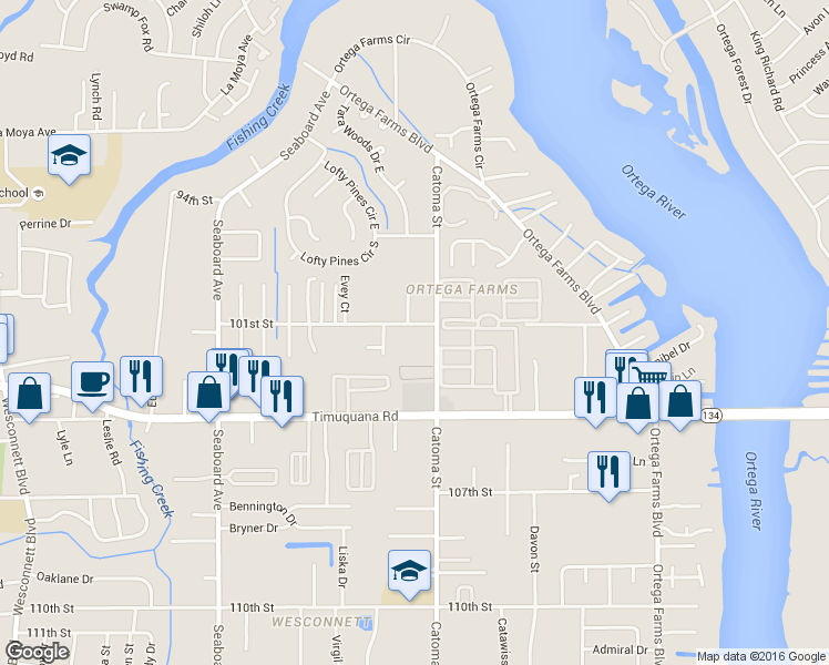 map of restaurants, bars, coffee shops, grocery stores, and more near 5425 101st Street in Jacksonville