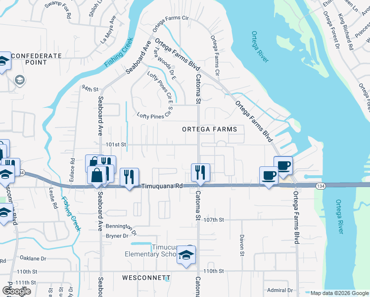 map of restaurants, bars, coffee shops, grocery stores, and more near 5425 101st Street in Jacksonville