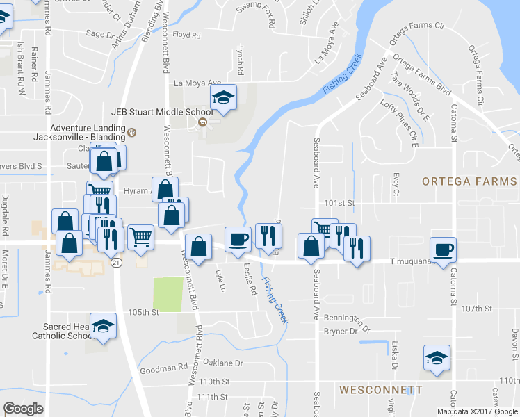 map of restaurants, bars, coffee shops, grocery stores, and more near 5200 Eulace Road in Jacksonville