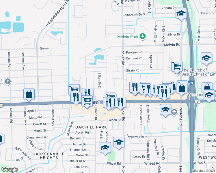 map of restaurants, bars, coffee shops, grocery stores, and more near 5131 Westchase Court in Jacksonville